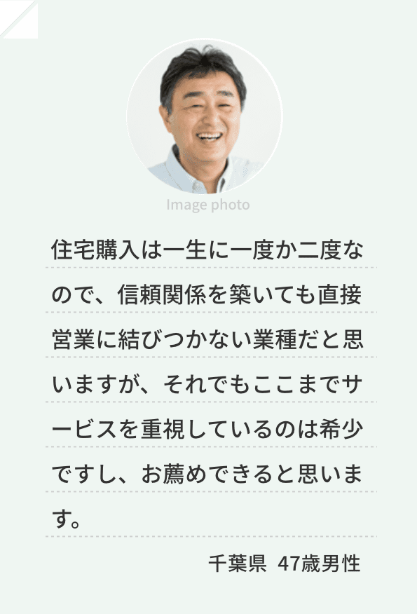 住宅購入は一生に一度か二度なので、信頼関係を築いても直接営業に結びつかない業種だと思いますが、それでもここまでサービスを重視しているのは希少ですし、お薦めできると思います。